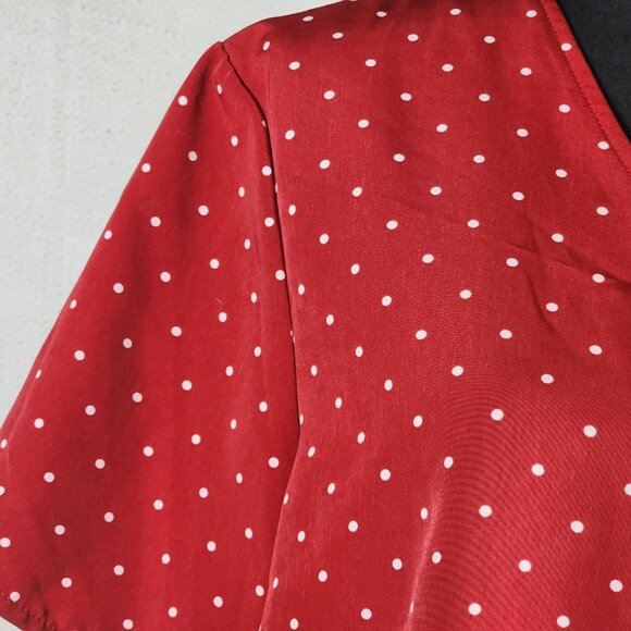 Kathie Lee Collection Vtg Brick Red White Polka Dot Poly Button Up SS Top Sz XL - Picture 8 of 16
